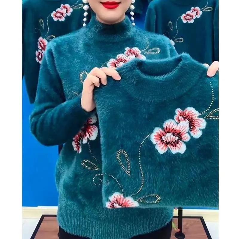 Women's Fall and Winter Models Padded and Thickened Half Turtleneck Sweater Middle-aged and Elderly Plus Size Loose Comfortable Sweater