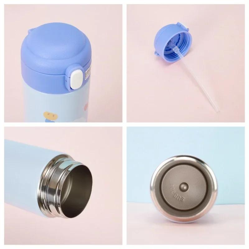 JUSTINLAU Bear Cups 380ml Cartoon Thermos for Girl Cute Little Student Portable Straw Water Bottle Thermos Vacuum Flask Drinking