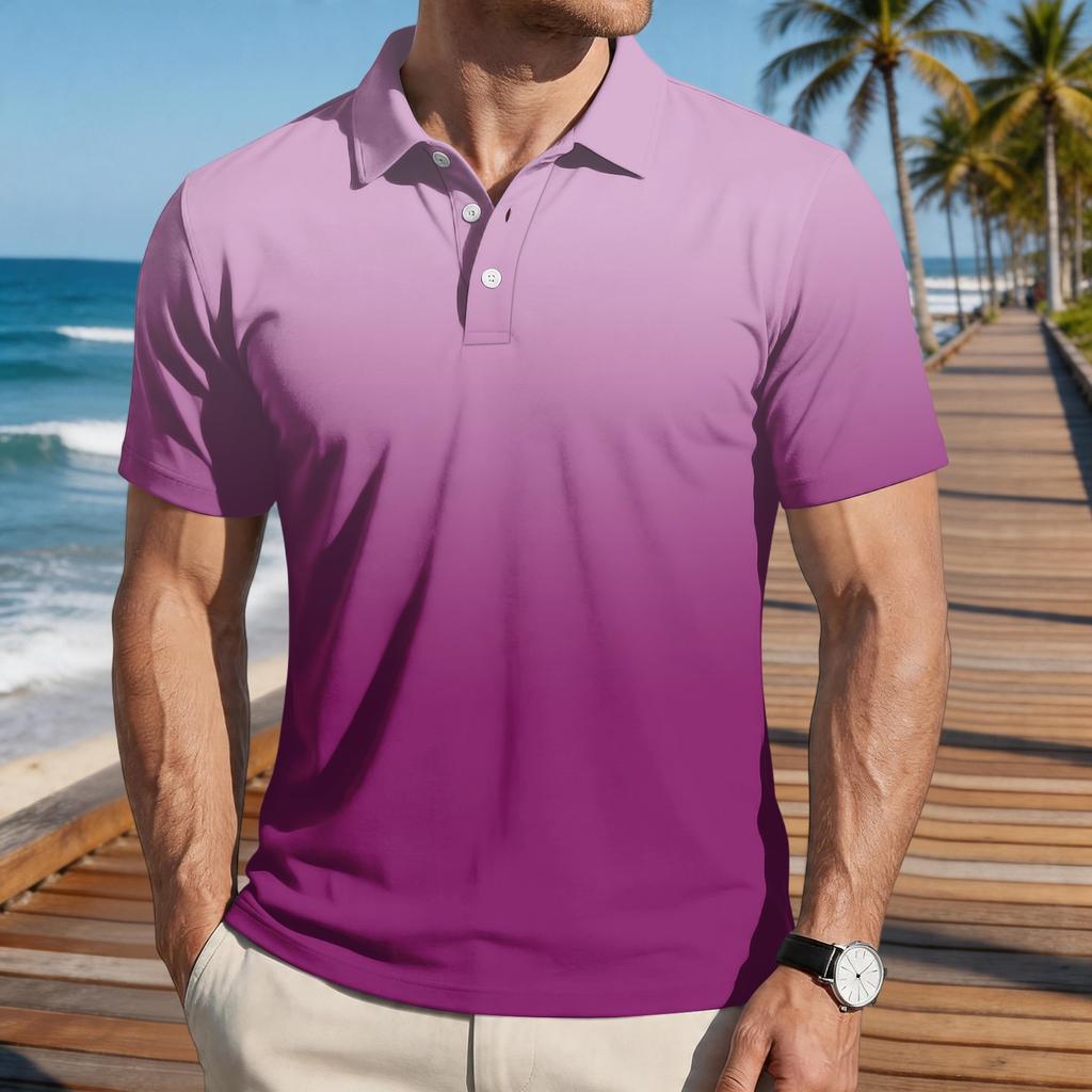 Men Loose Fit Casual Gradient Print Short Sleeve T Shirt with Turn Down Collar Comfortable Soft Fabric Stylish Design
