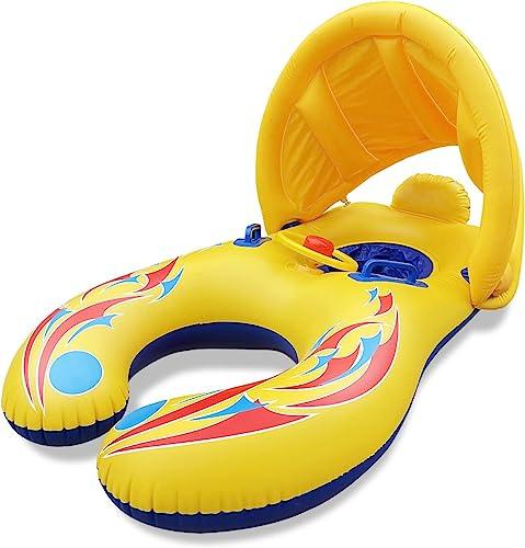 

Two-person parent-child swim ring with foot compartment, baby float, and removable canopy. Perfect for summer days, the ocean, the beach, and outdoors