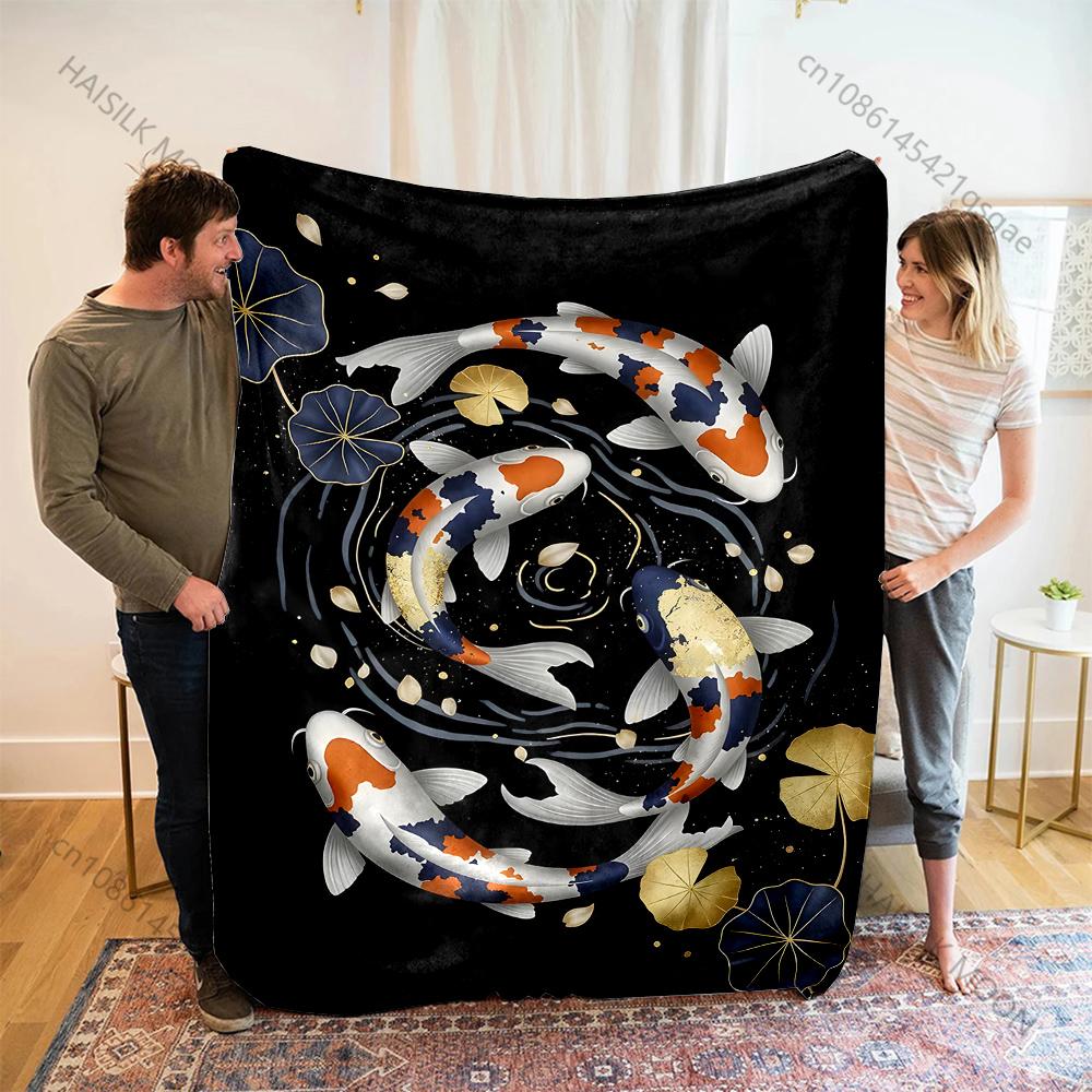 1PC Koi Pair Lotus Stained Glass Print Blanket Flannel Material Soft Warm for All Seasons Home Outdoor Camping Picnics RV