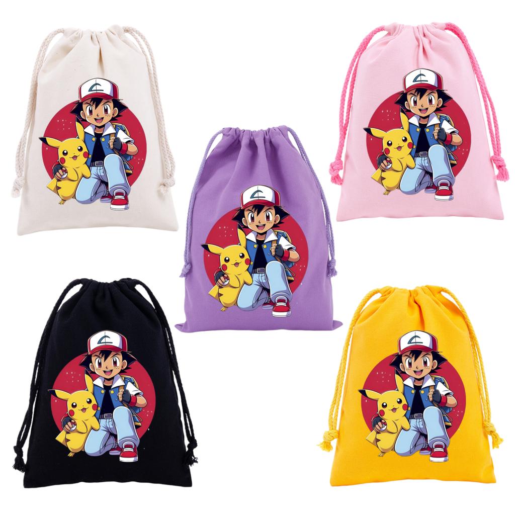 Pokemons Canvas Drawstring Bags Anime Figures Pikachu Eevee Gengar Cartoon Print Handbags Kids Birthday Party Candy Gift Bag