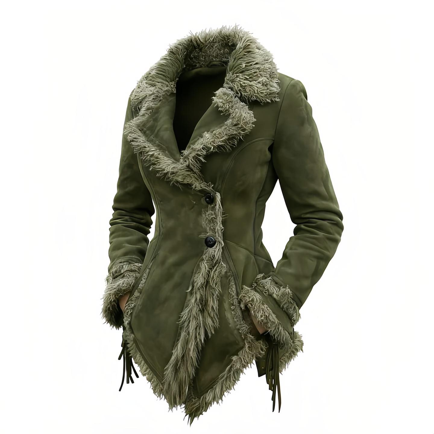 2026 Damen Europäischer Retro Wildleder Samtmantel mit Pelzkragen Revers XL grün