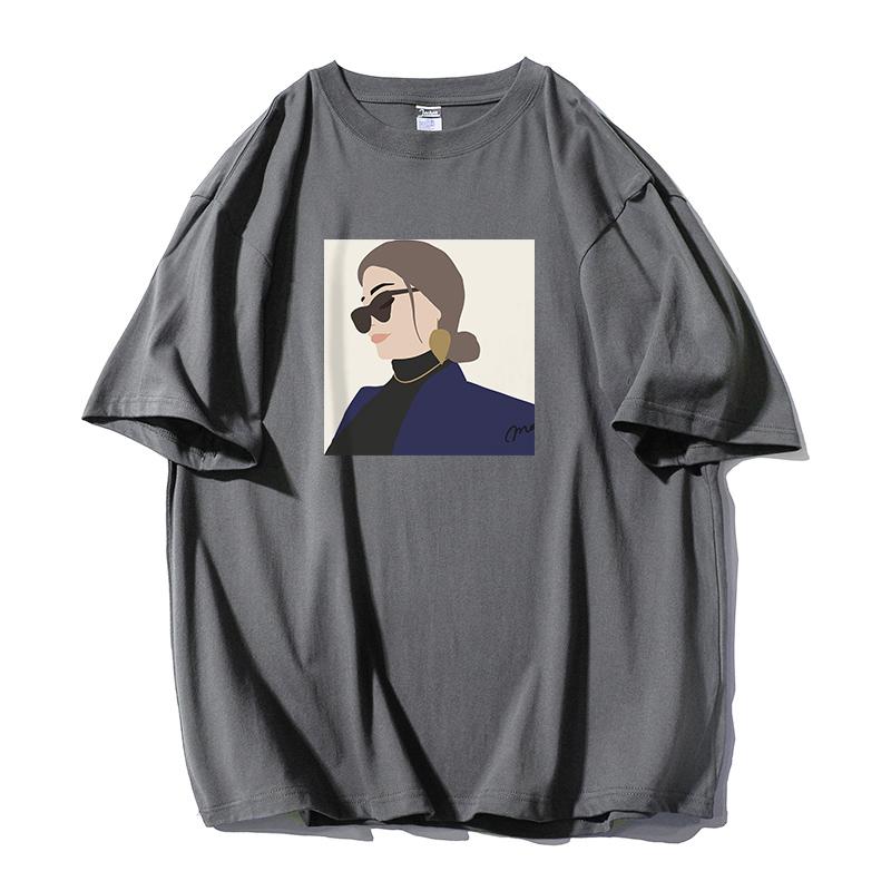 Shellsuning Osobnost Dámské 100% Bavlna Potisk Tričko Léto Nové Oversized O-výstřih Krátké Základní Trička Dámská Móda Streetwear Harsuku Topy