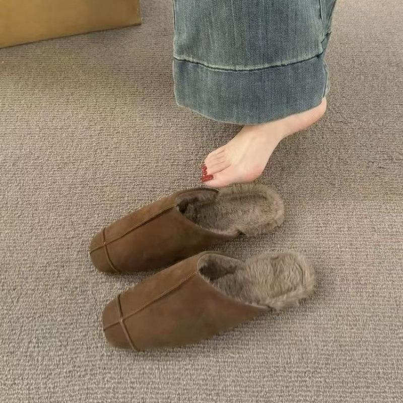 Women's Baotou Slippers Winter New Square Head Deep Mouth Splicing Suede Soft Sole Anti-slip Low Heel Shoes