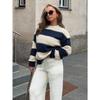 Women S Color Block Striped Knit Sweater Loose Drop Shoulder Crew Neck Long Sleeve Casual Top