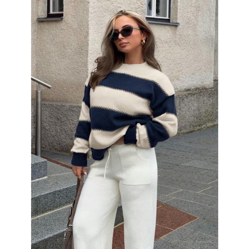 Women S Color Block Striped Knit Sweater Loose Drop Shoulder Crew Neck Long Sleeve Casual Top