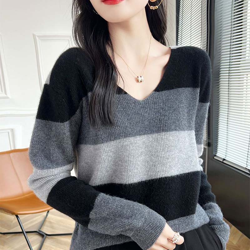 Sweater for Women Autumn Winter Thickened Warm Knitted Stretchy Long Sleeve V-neck Tops