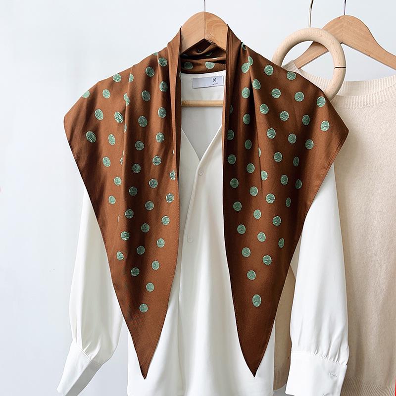 New Brown Polka Dot Triangle Scarf Headscarf Versatile Fashion Waist Seal Waist Silk Scarf Women's Cool Retro Shawl Scarf