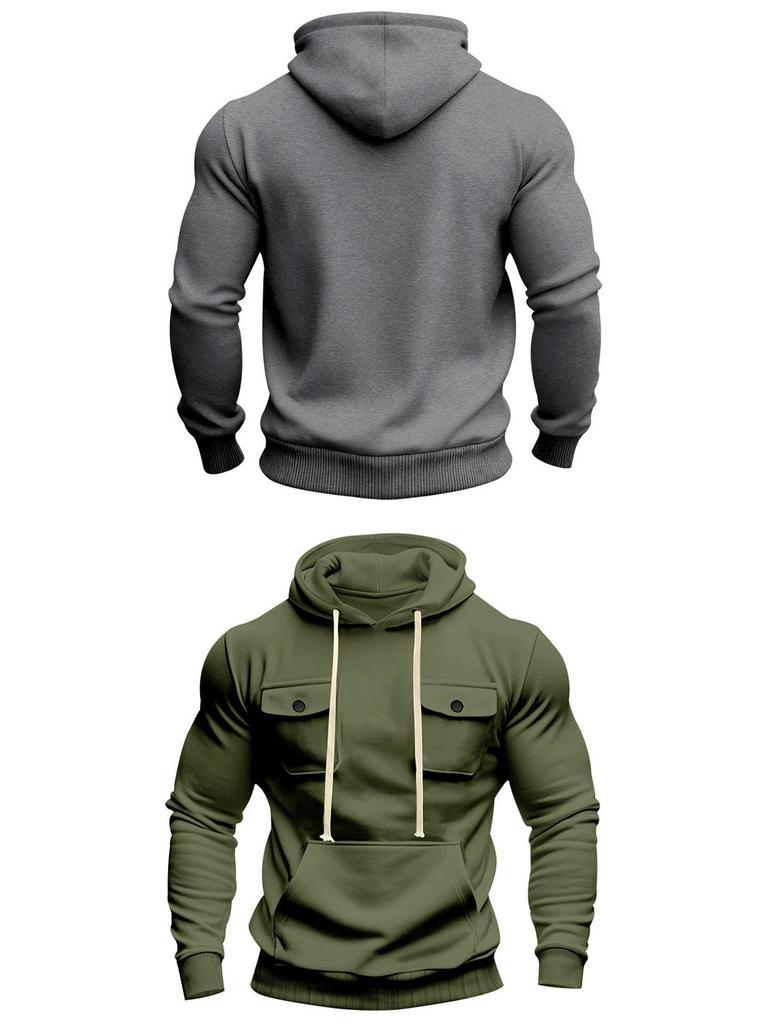Men's American Style Heavyweight Plus Velvet Hooded Outdoor Workwear Sweatshirt - Multi-Pocket, Long Sleeve, Autumn/Winter Warmth