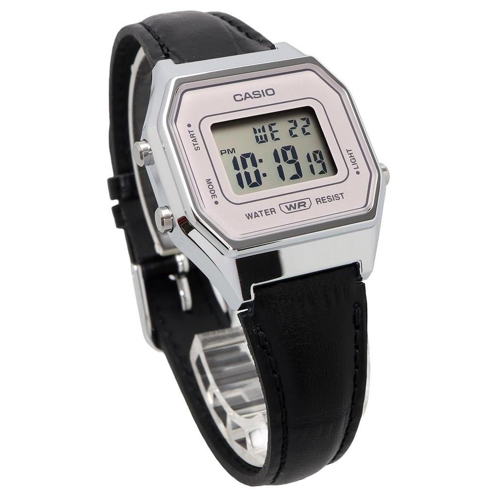 Casio LA680WEL-1 Women's Watch, Black and Silver, Leather Strap, Water Resistant, Alarm, Stopwatch