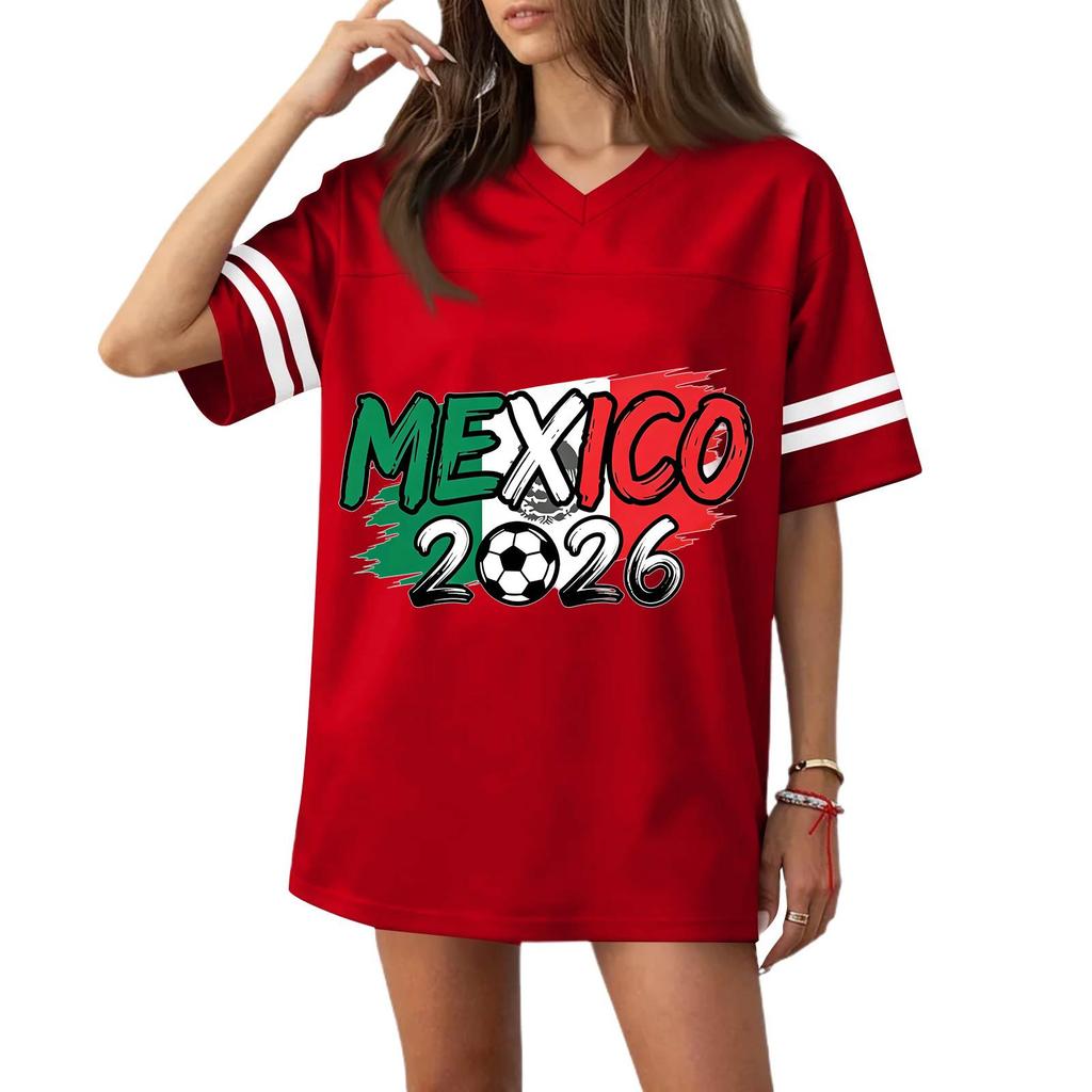 Women V Neck Casual Soccer Jersey Style Short Sleeve Top with Mexico 2026 Flag Print for Sports and Wear