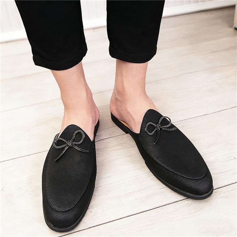 Fashion New Men's Black Bow Tie Half Slippers Shoes Male Casual Pu Leather Mules Moccasins Breathable Loafers Zapatos Hombre