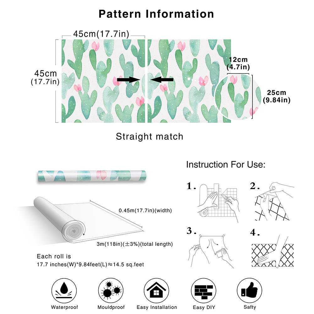 Waterproof Cactus Peel And Stick Wallpaper Removable For Lockers Green/Pink Vinyl Self Adhesive Wallpaper Kidroom Home Decorate