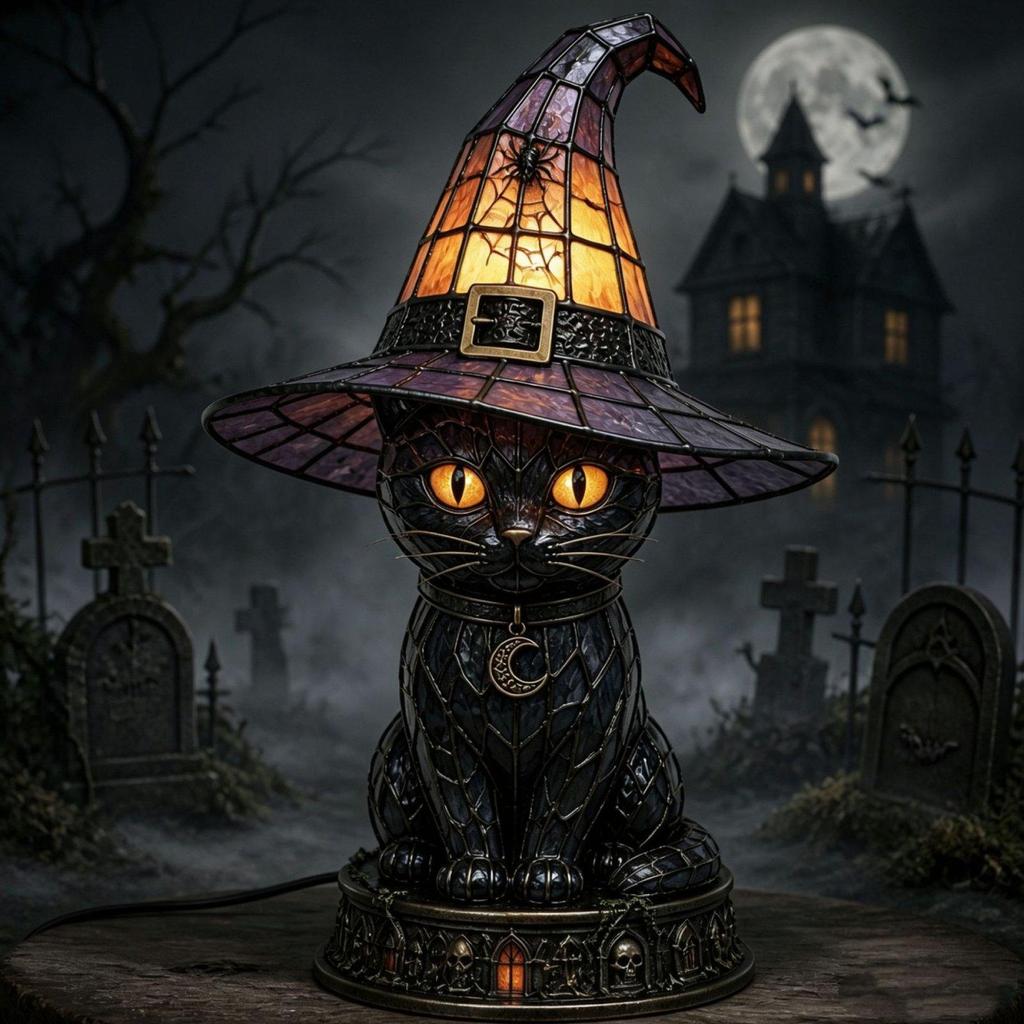 Black Cat Witch Hat Lamp Decorative Gift Halloween Lighting Decor Gothic Night Light