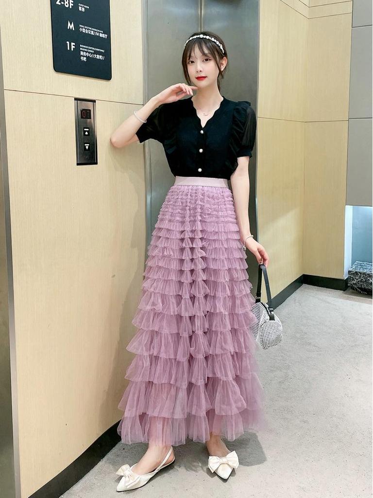 Fairy White Tulle Pleated Long Midi Skirt for Women - Spring/Autumn 2024 Collection.