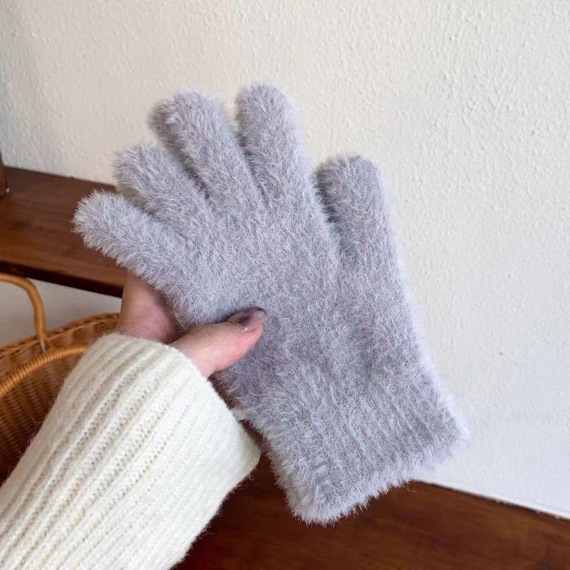 Imitation Mink Fur Knitted Gloves Winter Warm Thick Velvet Five Finger Gloves Women Outdoors Cycling Solid Color Mittens