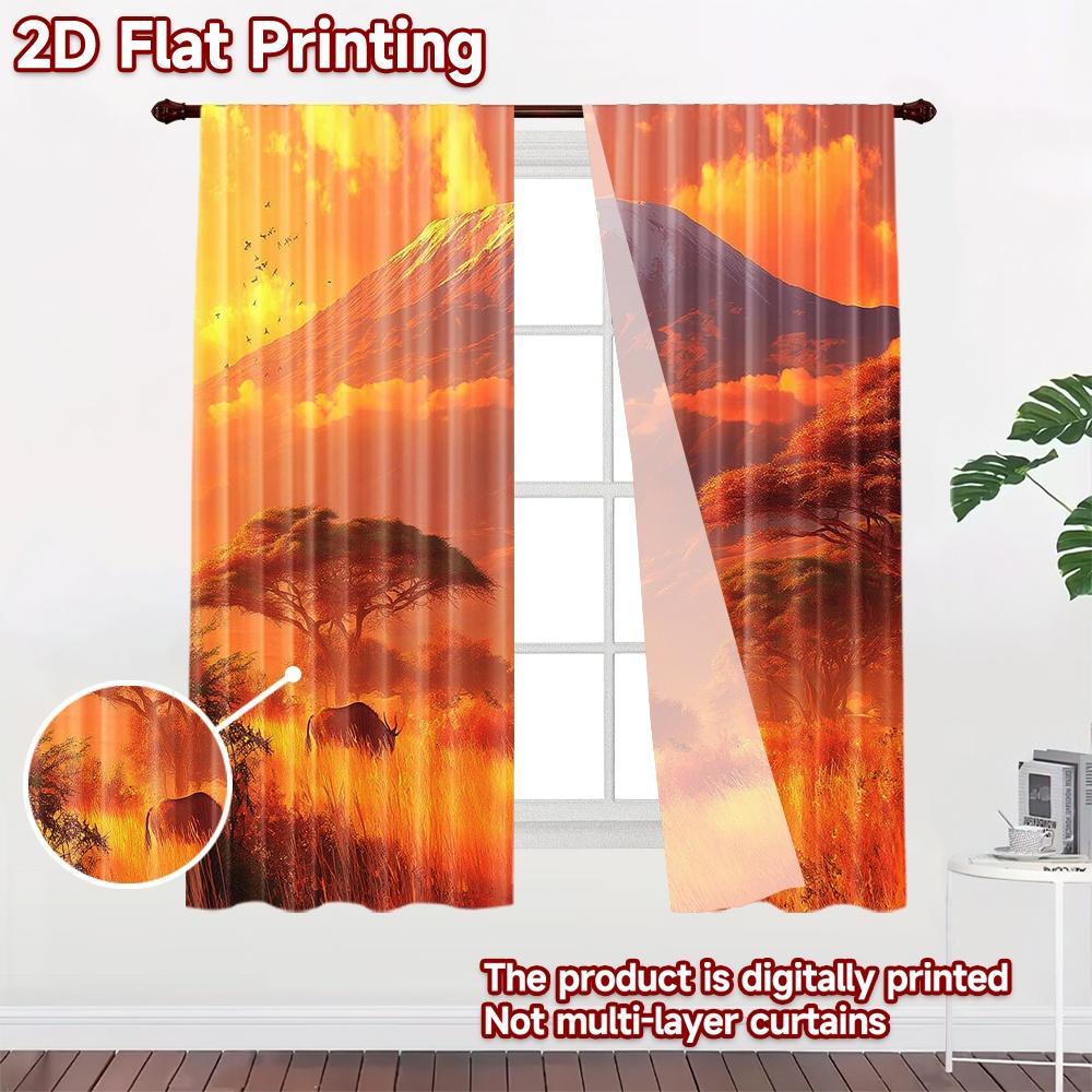 2D Flat Printing 2pcs Curtains African Landscape Kilimanjaro Mountain Elephant Digital Printed Polyester Drapes All Season Party