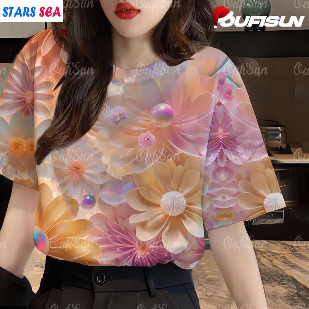 3d Colorful floral short Sleeve T-shirt for women's fashion loose plus size pullover