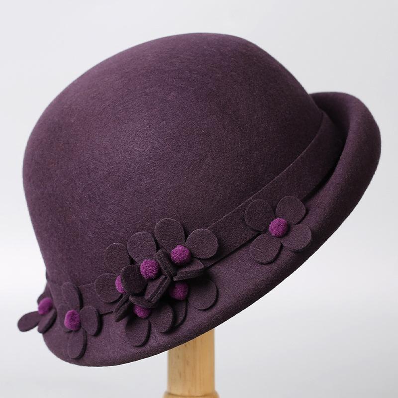 Autumn and winter new woolen hat female elegance flower temperament small edge top hat outdoor travel versatile thermal basin hat