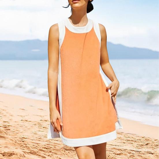 Two Piece Set for Women Summer Boho Color Block Outfits Sleeveless Crewneck Side Slit Mini Dress Casual Lounge Short Sets