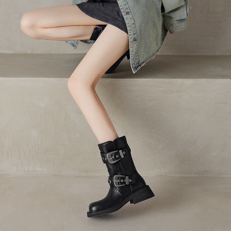 Krazing Pot Kravská kůže Čtvercová špička Zimní Střední podpatky Moderní Westernové boty Ženy Rockový styl Vintage Kovové zapínání Kotníkové boty