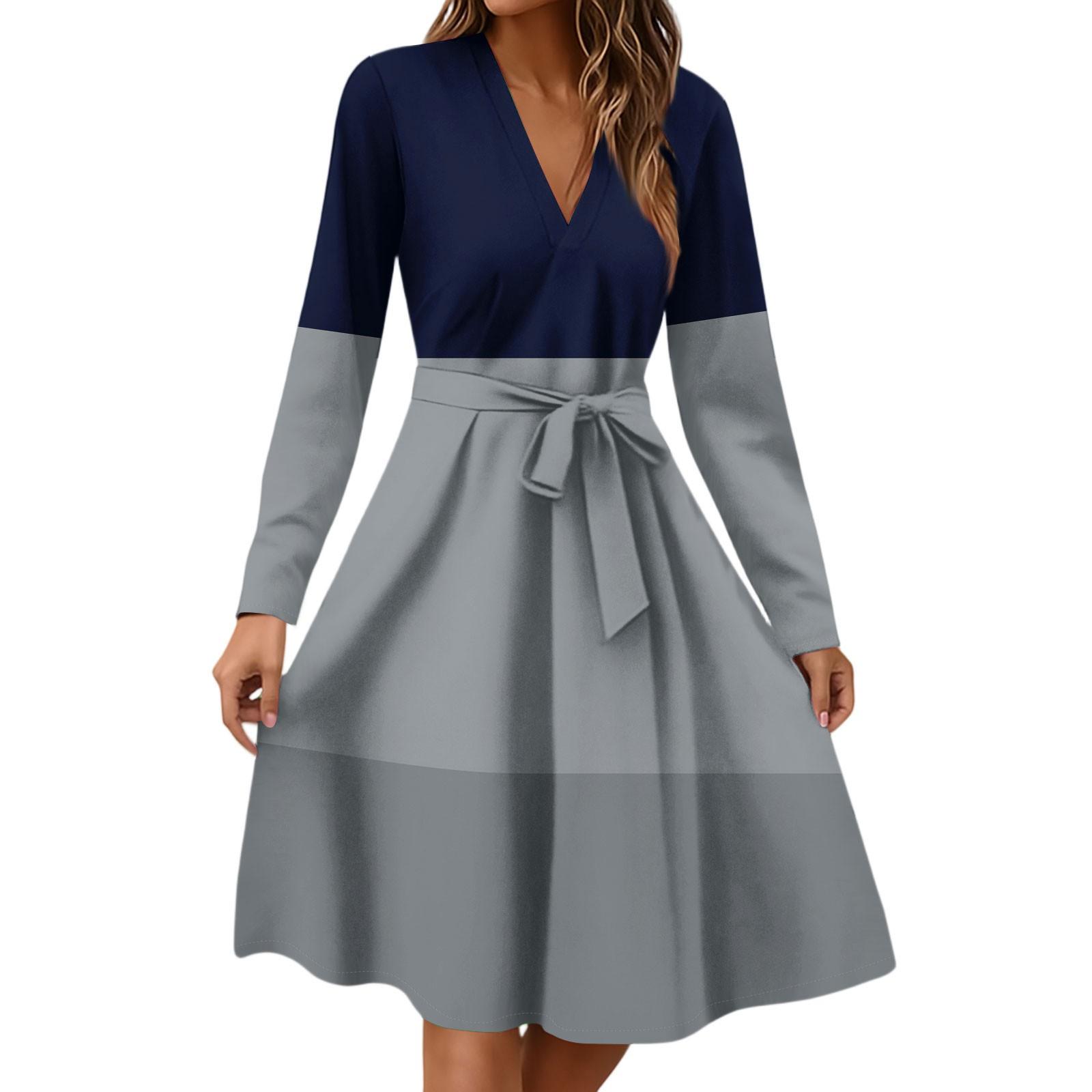 

Жіноча мода Повсякденна сукня міді з V-подібним вирізом, довгим рукавом, талією та квітковим принтом L Темно-синій