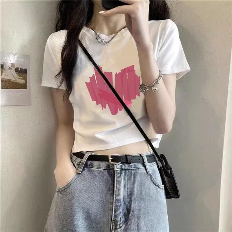 A pure cotton white t-shirt women's design front shoulder short sleeve summer letter print high waist spice top