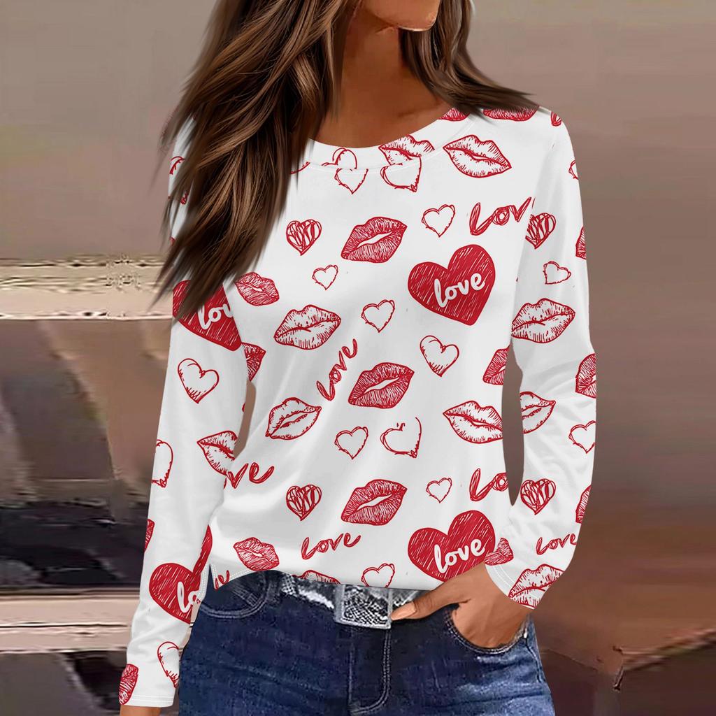 Women's Fashionable Long-Sleeved Round Neck Top with Slit Hem and Valentine's Day Heart Print