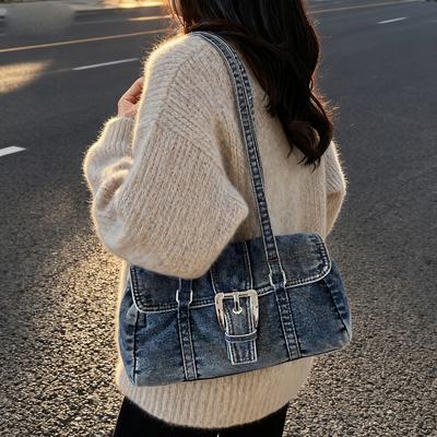 Vintage Denim Shoulder Bag Women's Belt Buckle Bag Underarm Bag