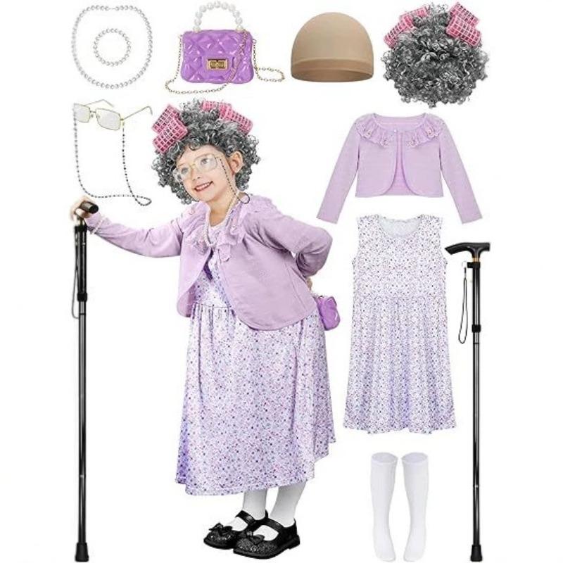 Kids Grandma Cosplay Costume, Floral Dress Funny Old Lady Outfit for 100 Days of School & Carnival Dress Up