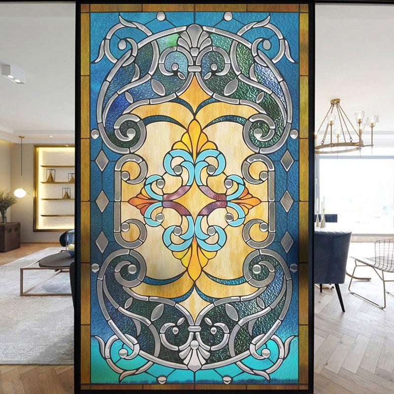 Colorful Stained Frosted Glass Film Modern Art Geometry Pattern Window Stickers Opaque Self-adhesive European Home Decor Privacy
