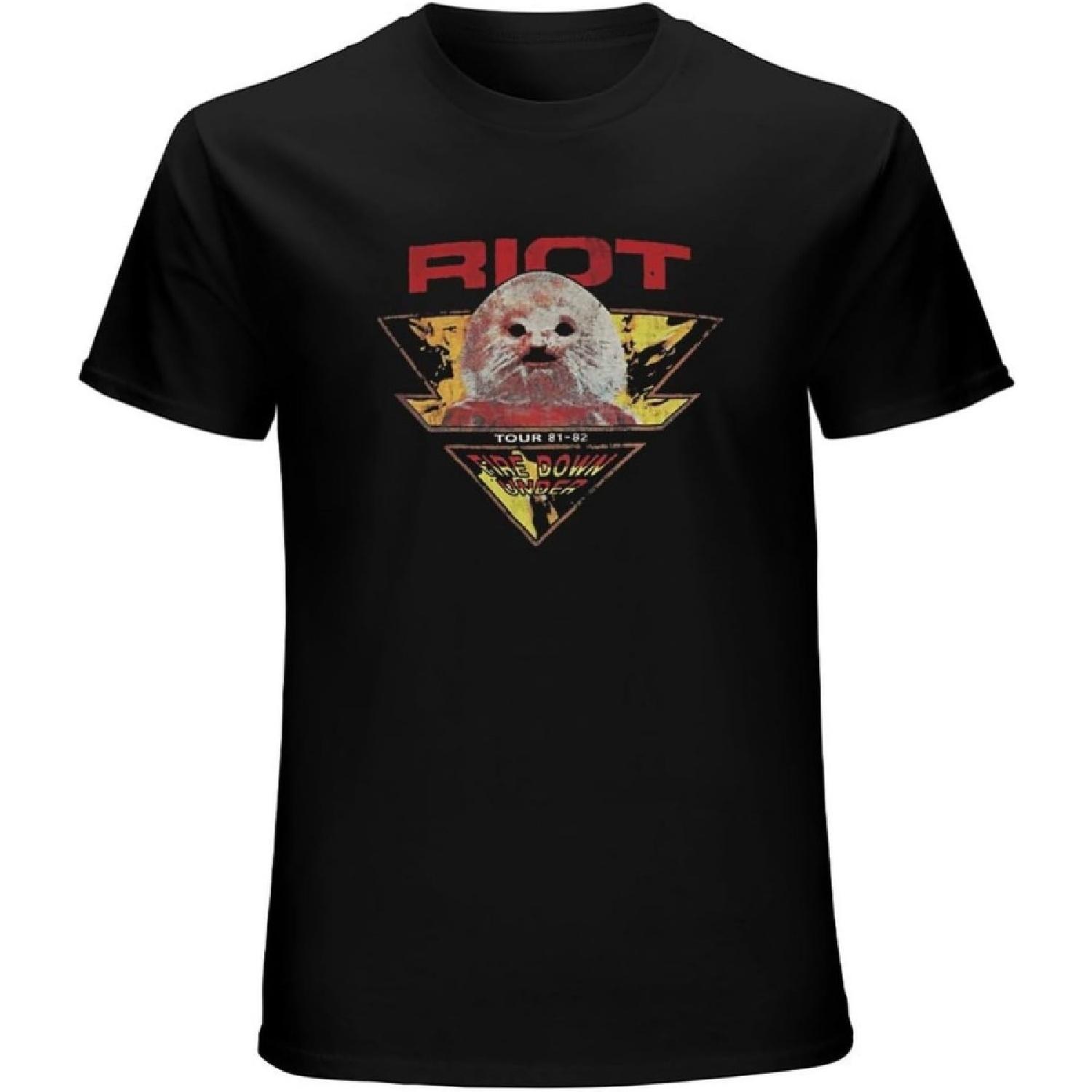 Hiwide Riot Band T-Shirt Tour 81-82 Fire Down Under Retro Men Shirt Black S