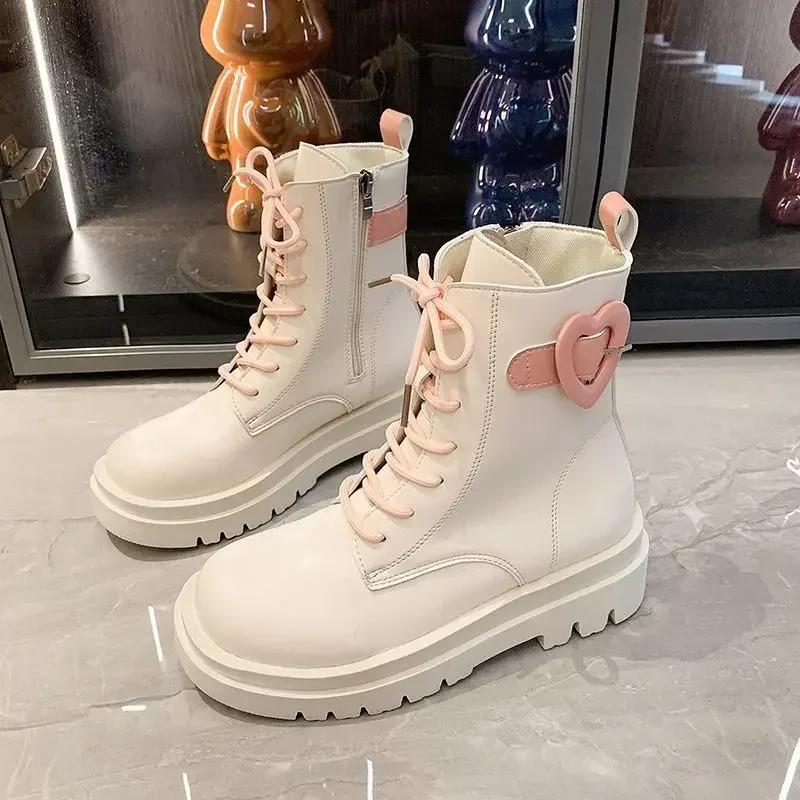 

Fashion With Laces Kawaii Ankle Boots for Women Elegant Medium Heels Lace-up Cute Woman Short Shoes Winter 2024 Boot Y2k Pu Goth Booties 34