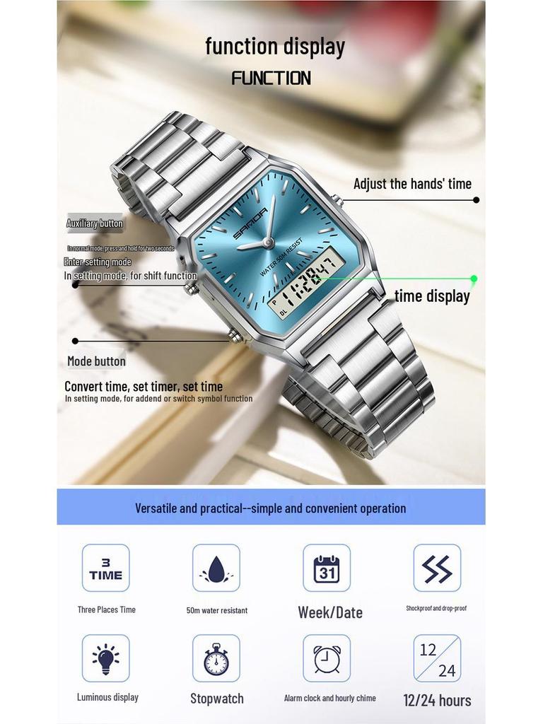 Sanda Retro Business Men's Electronic Watch with Steel Band - Trendy, Thin, and Fashionable.