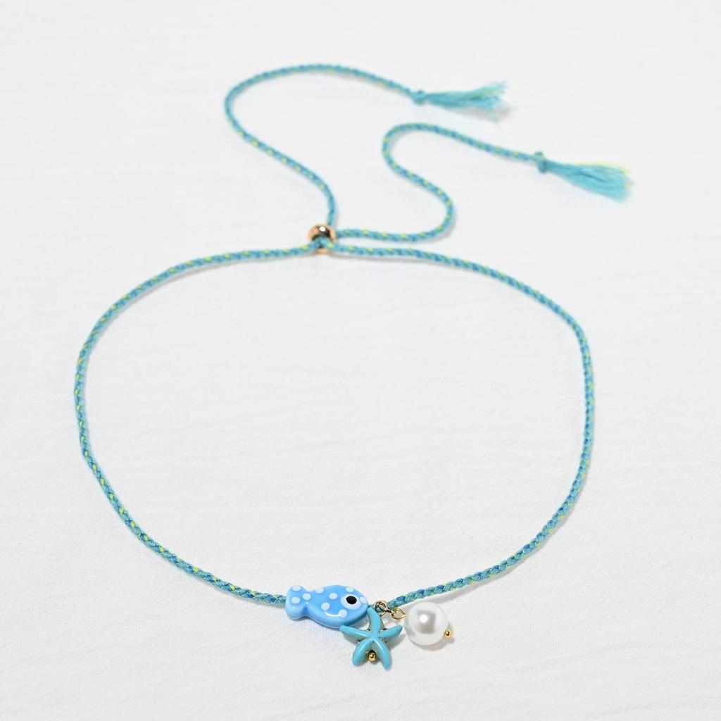 Colorful Bohemian Ceramic Fish Pendant Necklace for Women Adjustable Multicolored Rope Choker Jewelry for Summer Beach Vacation