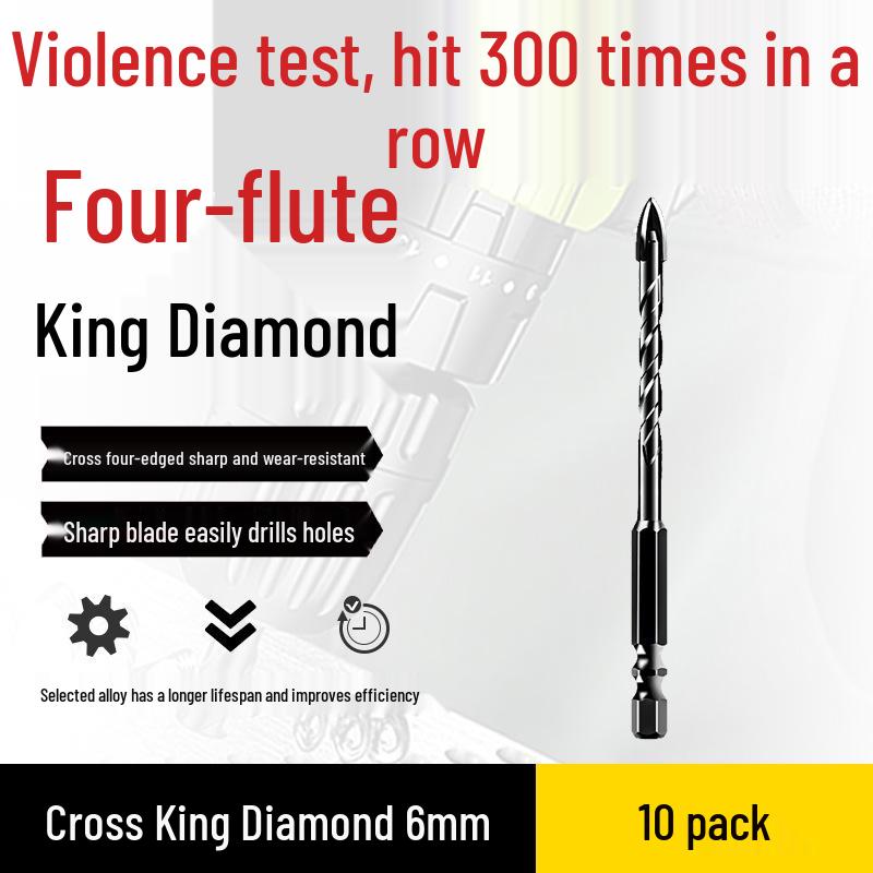Impact Hex Shank Four-Blade Cross King Drill Bit for Concrete, Tile, and Glass