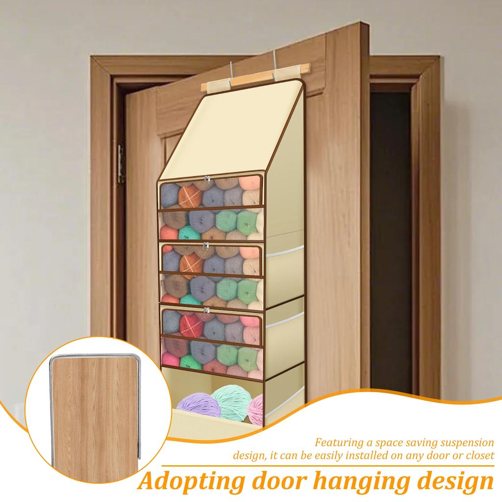 Over Door Yarn Storage Organizer Multi-layer Storage Hanging Bag with 4 Clear Zipper Compartment & 3 Side Knitting Needle Pocket