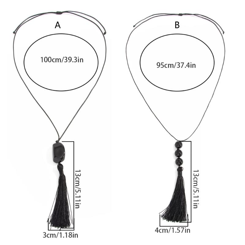 Stylish Retro Long Beaded Necklace Featuring Black Resin Pendant And Delicate Fringe Designs For Daily Wear