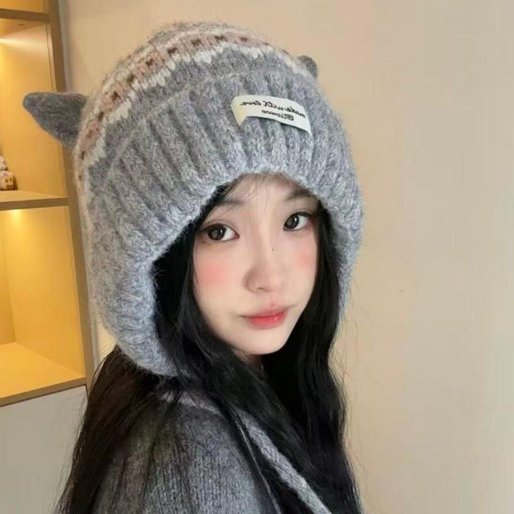 2025 new retro jacquard cat ears knitted hat women's winter velvet cold-proof ear protection cute warm wool hat