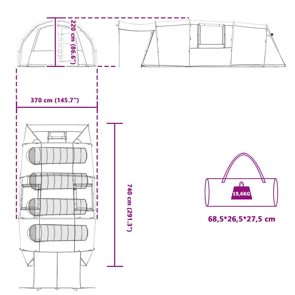 4 Person Tunnel Tent with Roof Green and White 740 x 370 x 220 cm