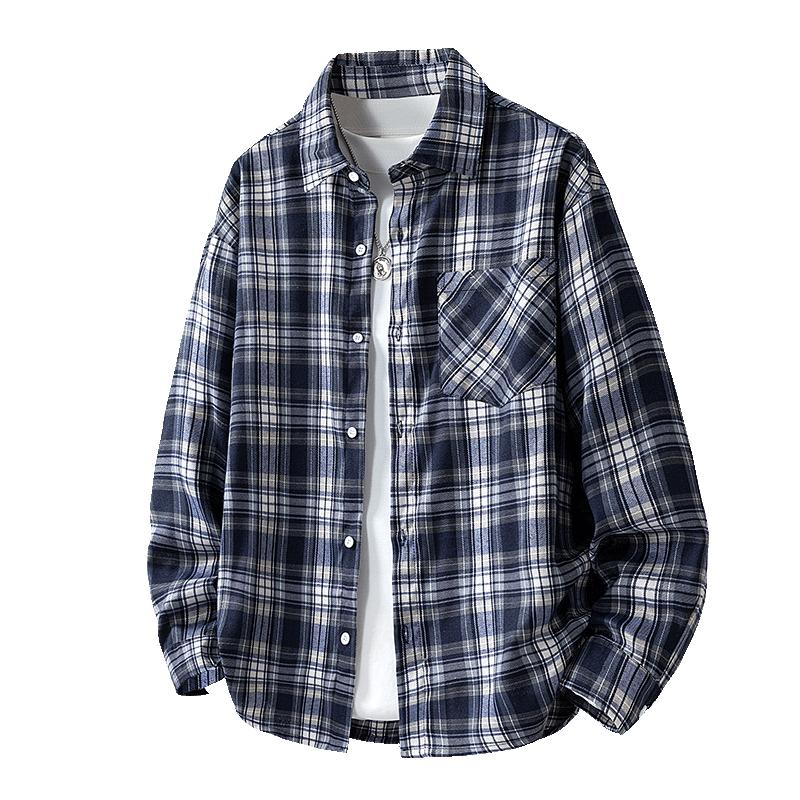 2025 American Retro Simple Plaid Long-sleeved Men's Summer New Loose Casual Couple Shirt Jacket