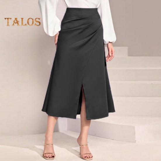 High-Waist Women Skirt Solid Color All-Match Style Pleated Skirt Slimming Design Slit Design Zipper Hip Wrapped Midi Skirt