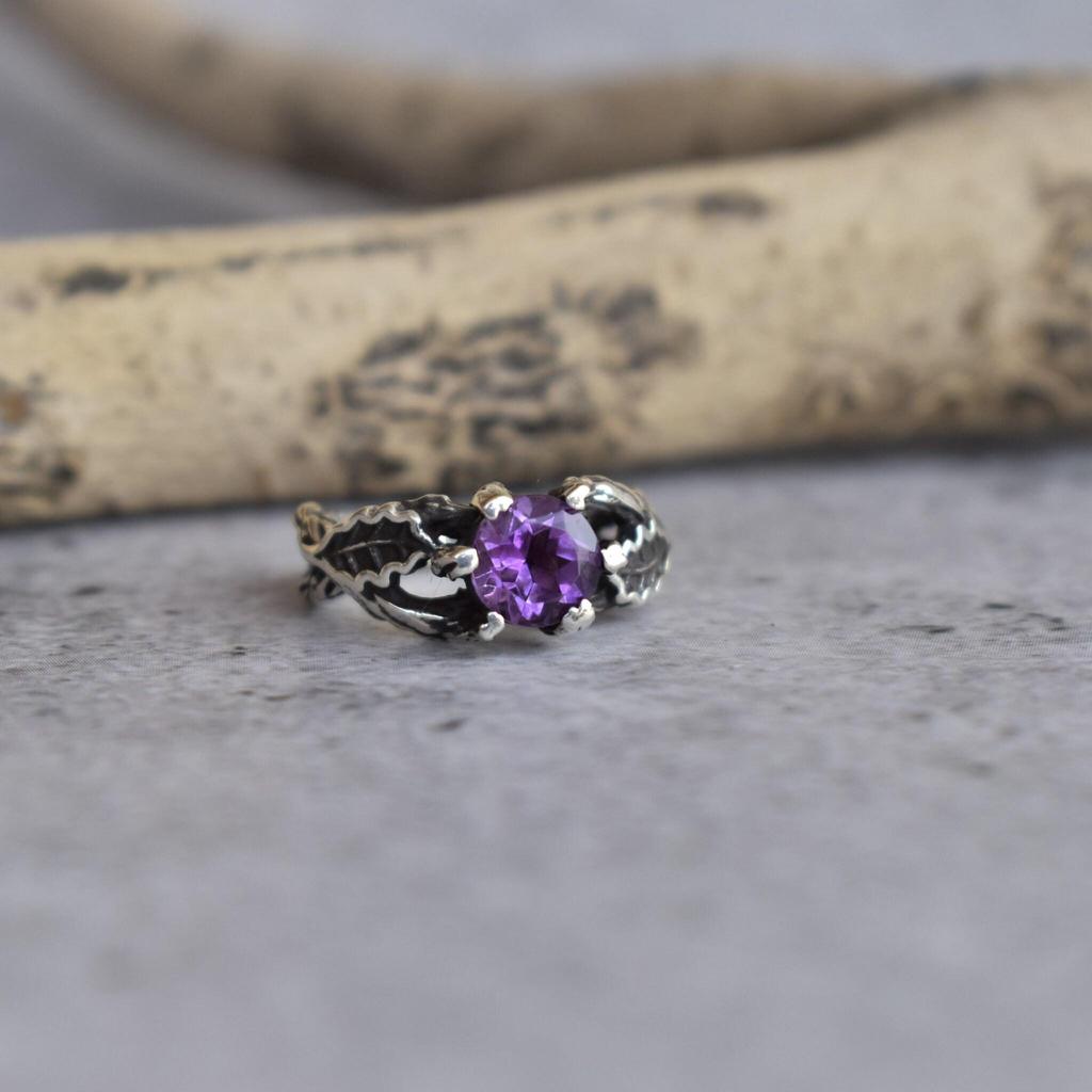 Twig Silver Ring  Natural Amethyst Ring  Leaf Engagement Ring  Promise Ring For Her  Women's Branch Ring  Sterling Silver Branch Ring