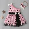 Baby Kids Girls Triangle Printed One Shoulder Tulle Dress with Bowknot Headband Cosplay Costume Clothes for 0.5-5 Years