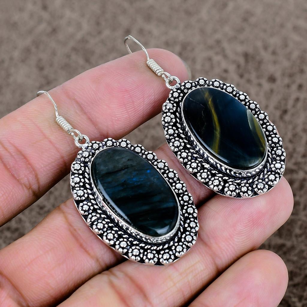 Black Tiger Eye Gemstone Handmade 925 Sterling Silver Jewelry Earring 2.25" KKG-705