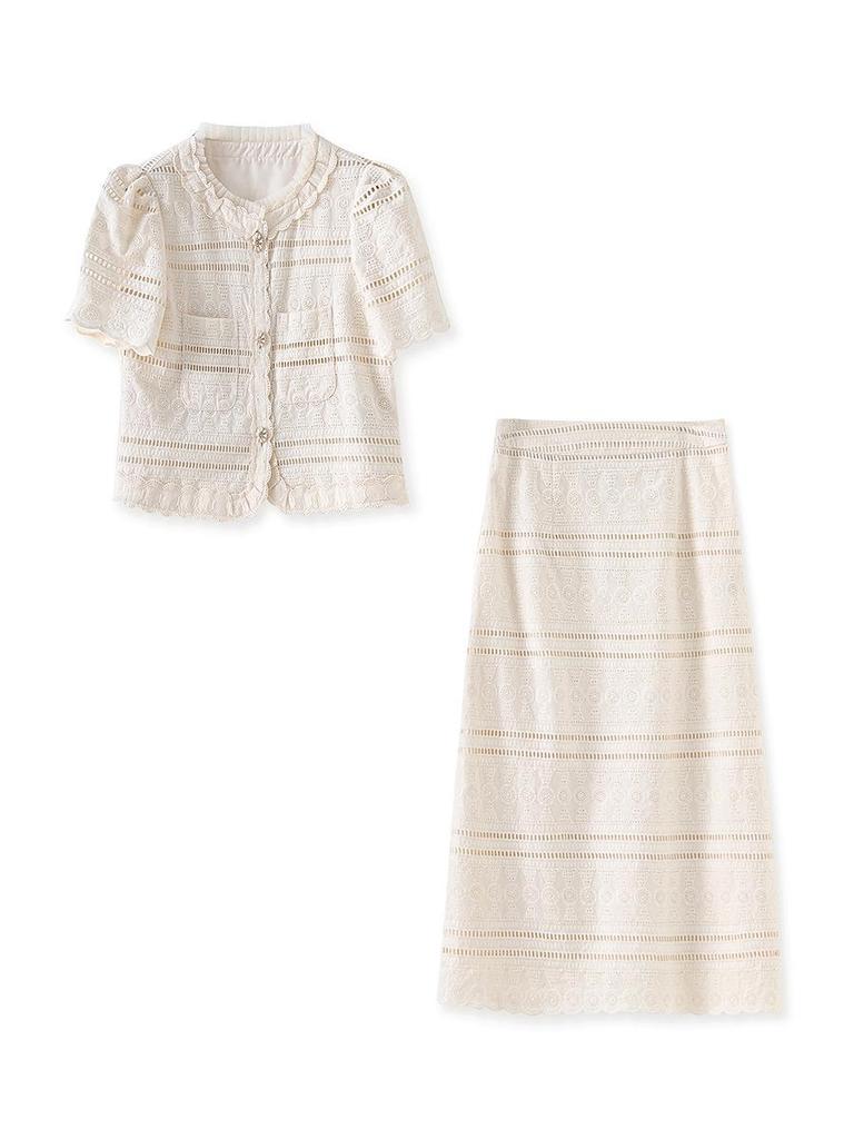 High-End Französischer Stil Ausgeschnittene Stickerei Top & Halber Rock Set