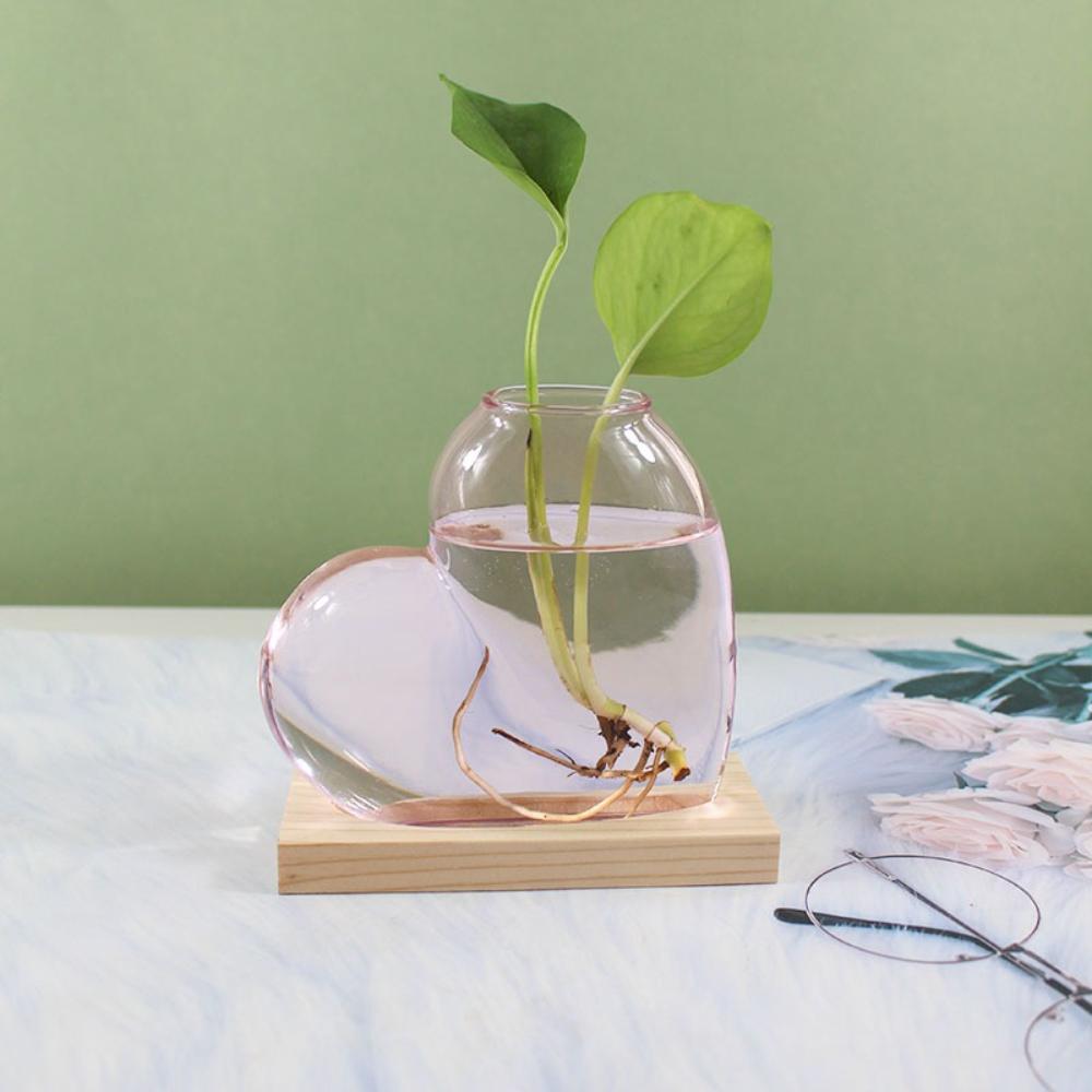 Colorful Love Shaped Glass Vase with Wooden Hydroponic Flower Plants Vase Desktop Ornament Living Room Office Decoration