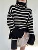 2023 Women's Striped High Neck Loose Knit Sweater with Side Slits
