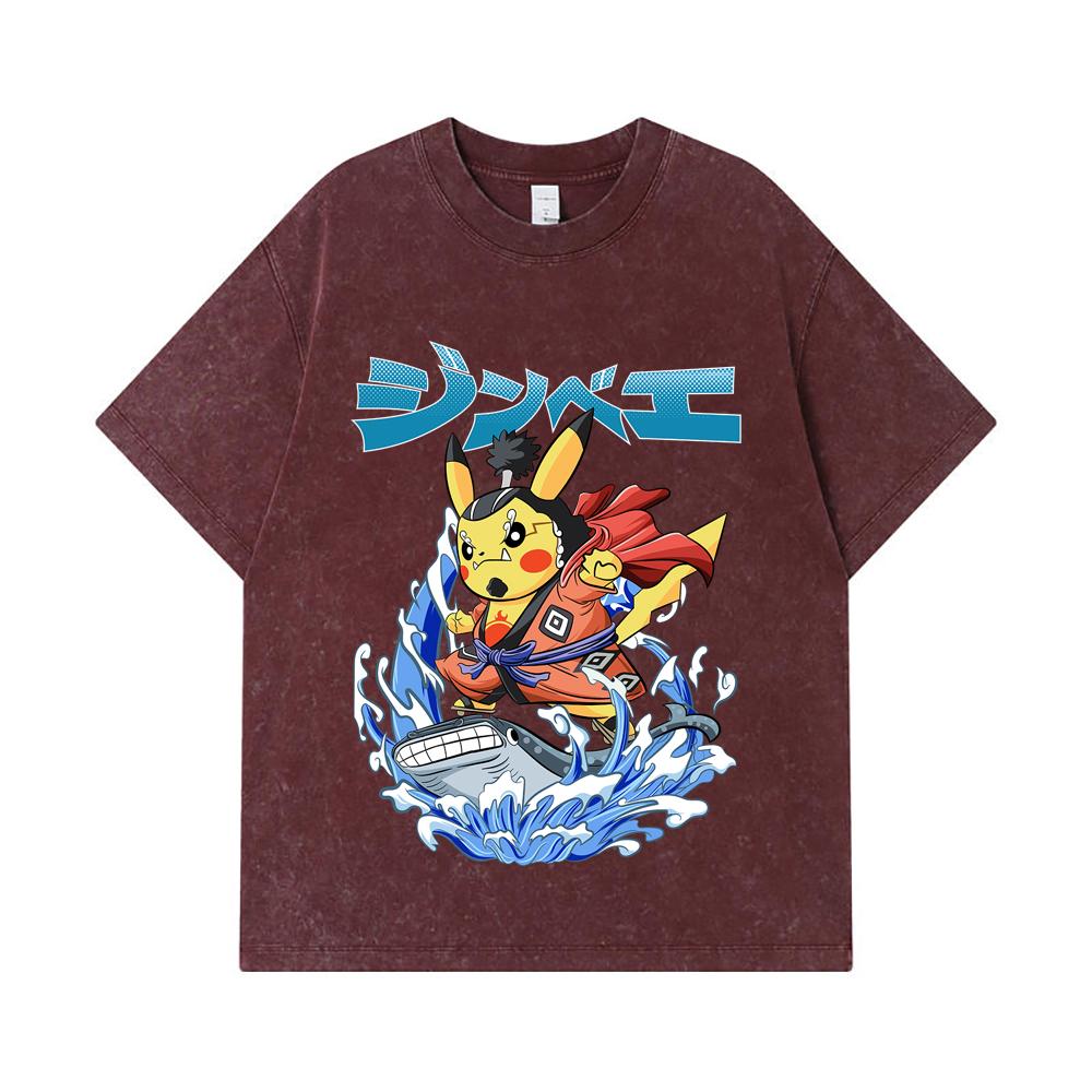 275 GSM Washed T-shirts 100% Cotton Pokemon V11 Jimbei Pikachu Print Unisex Heavy Cotton T Shirt